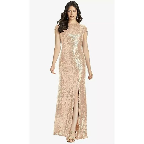 DESSY COLLECTION Cap Sleeve Cowl-back Sequin Gown Front Slit In Rose Gold Sz 6R - Picture 1 of 9